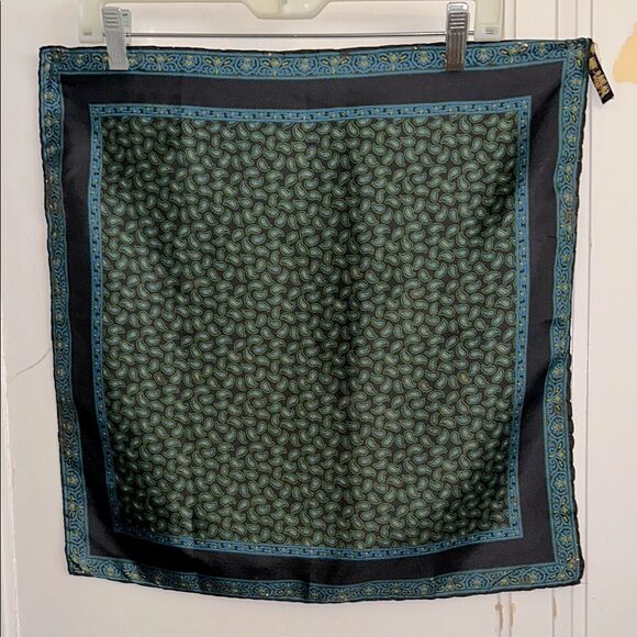 Vintage Ashear Green, Blue, Black & Gold Paisley Patterned Silk Square Scarf - Picture 1 of 8